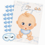 Blue Teddy Bear Pin the Dummy baby shower game pack with A2 poster, 40 blue dummy stickers and matching blindfold for larger baby boy teddy bear themed baby shower parties.