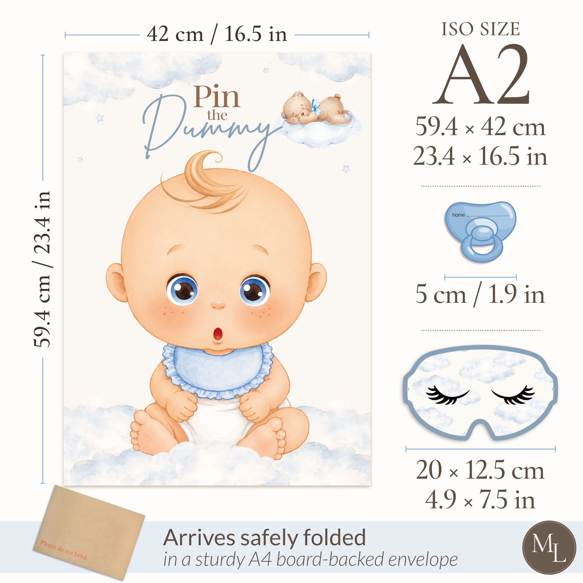 Blue Teddy Bear Pin the Dummy Baby Shower Game with Blindfold