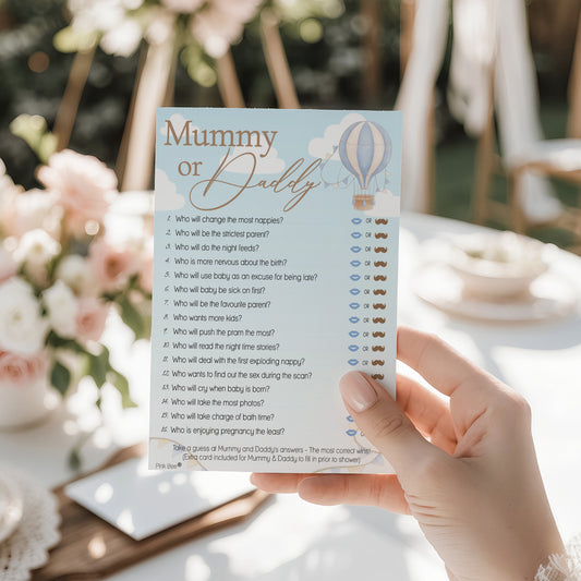 Mummy or Daddy Baby Shower Game – Blue Hot Air Balloon Theme Up and Away