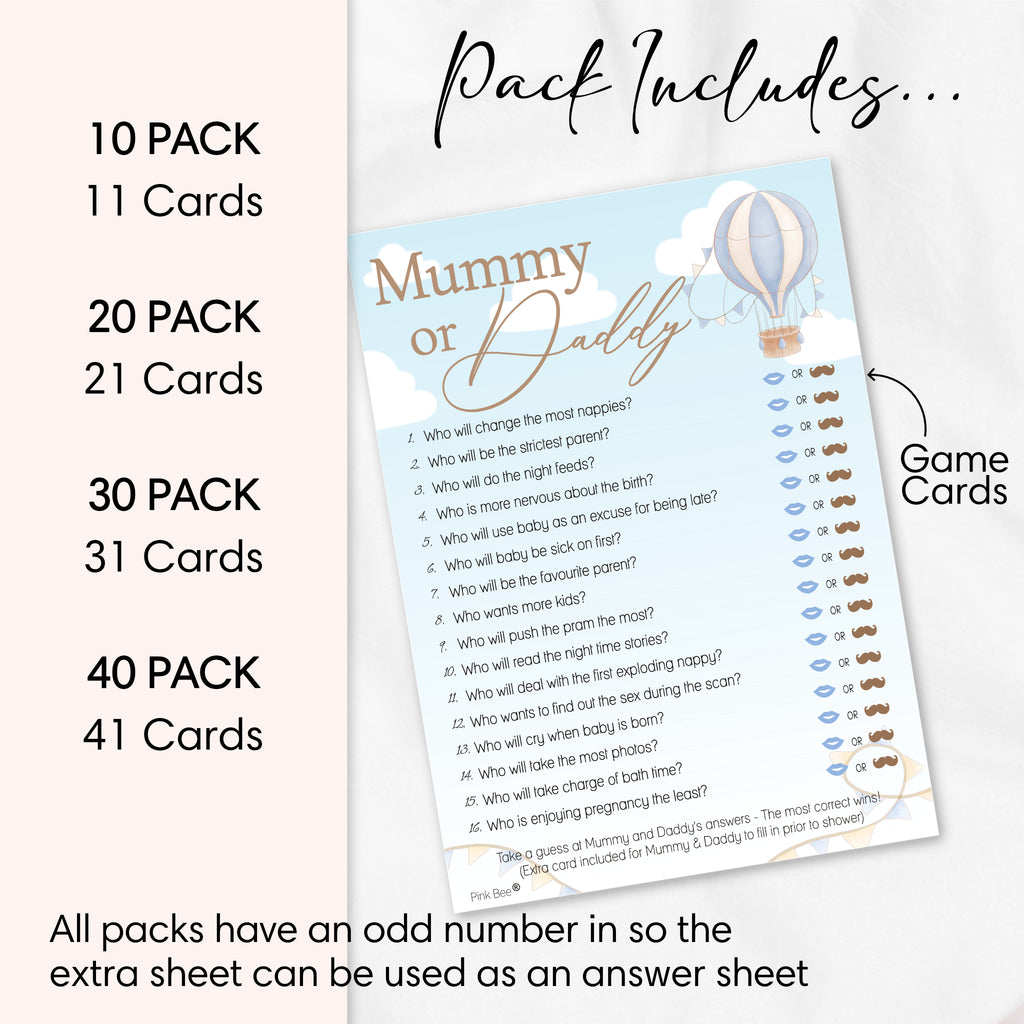 Mummy or Daddy Baby Shower Game – Blue Hot Air Balloon Theme Up and Away