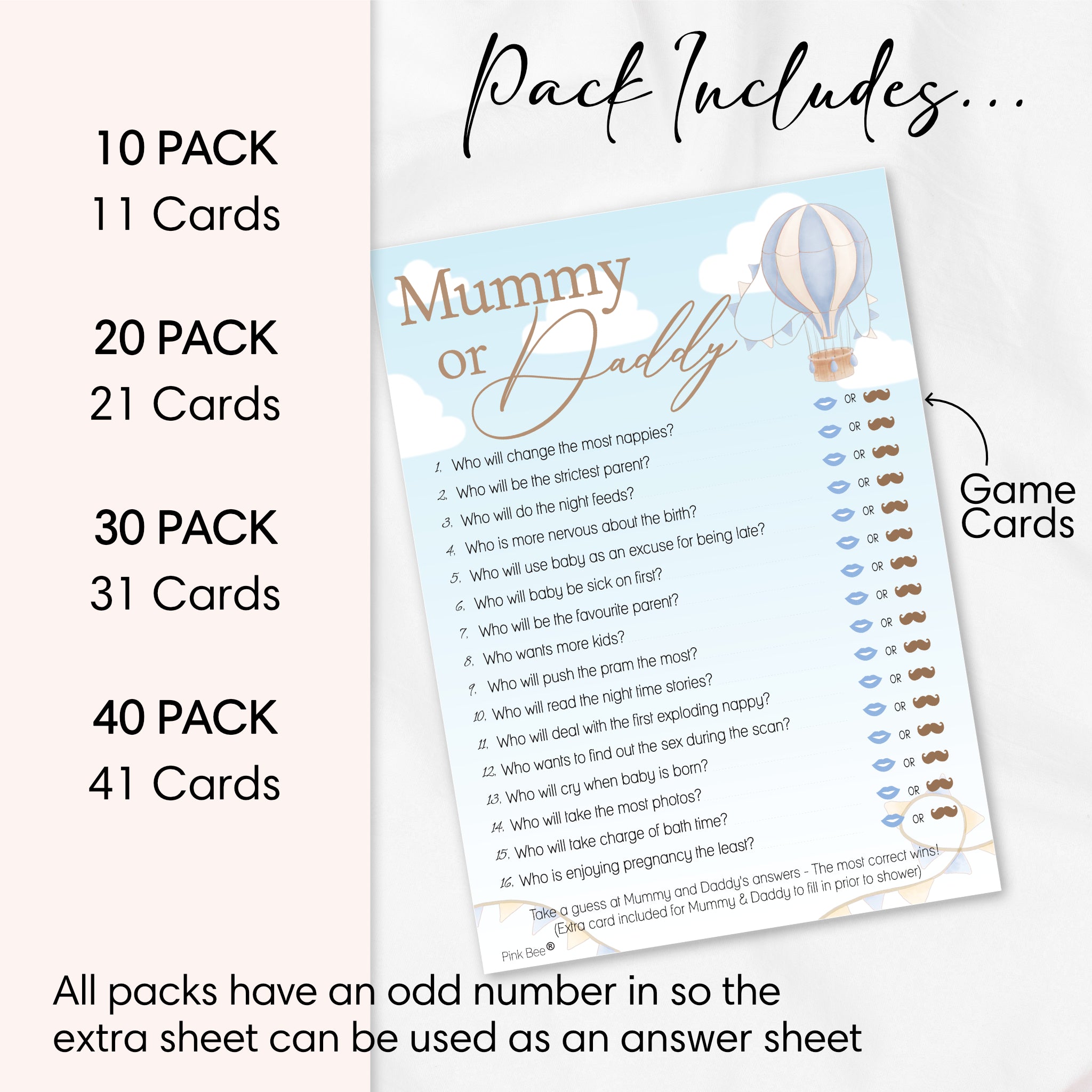 Mummy or Daddy Baby Shower Game – Blue Hot Air Balloon Theme Up and Away