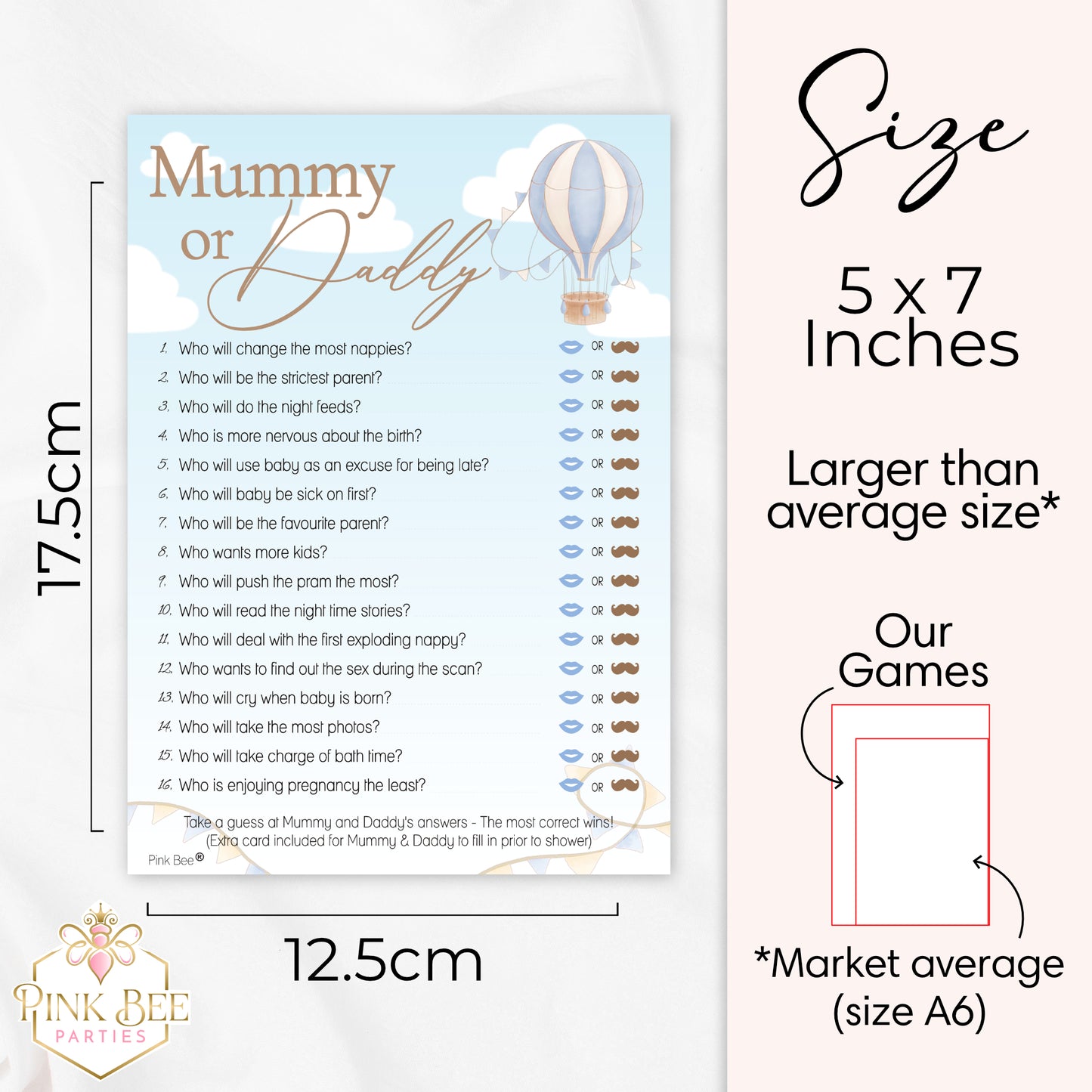 Mummy or Daddy Baby Shower Game – Blue Hot Air Balloon Theme Up and Away