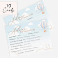 Blue Up & Away Hot Air Balloon Advice Cards – Baby Shower Keepsake for Parents-To-Be