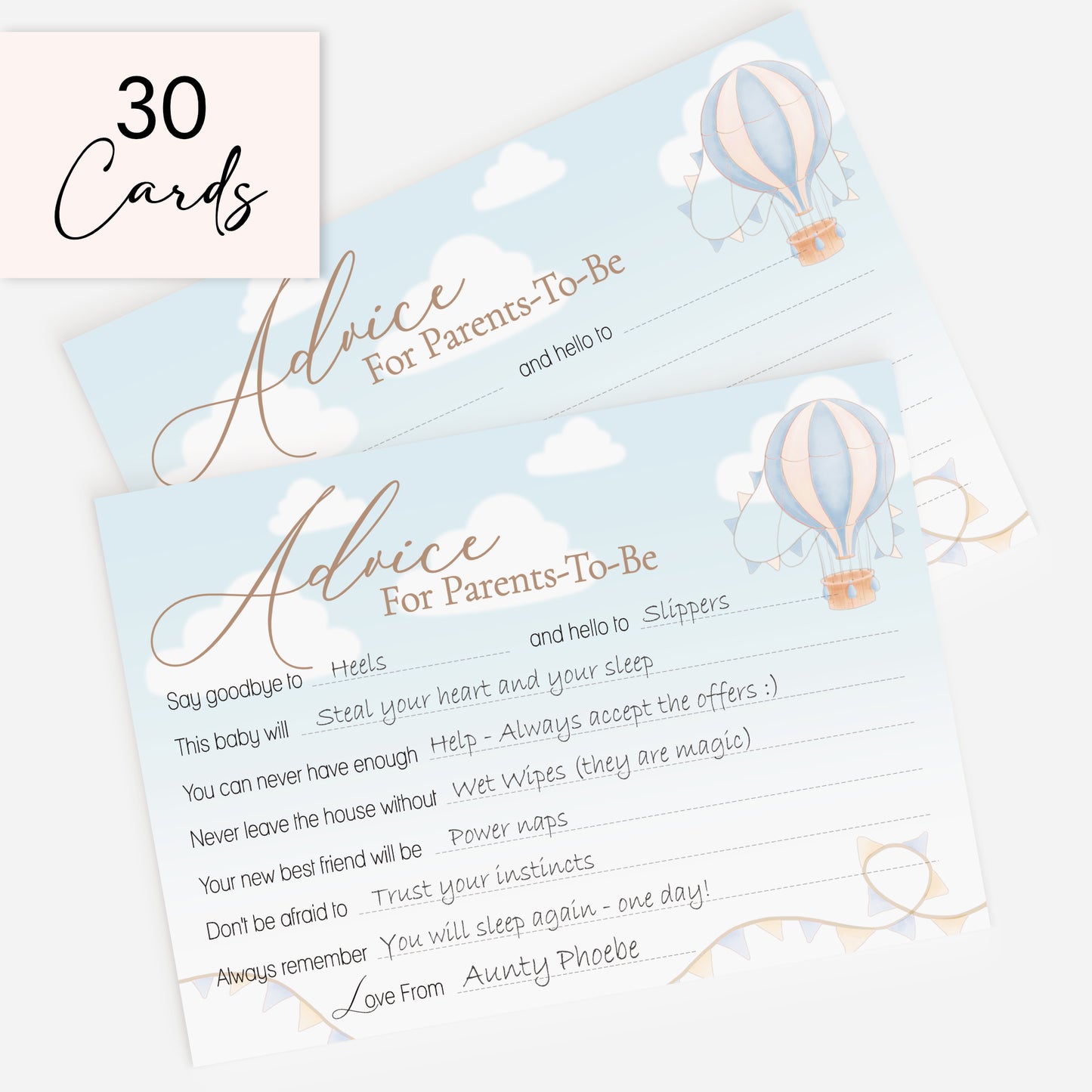 Blue Up & Away Hot Air Balloon Advice Cards – Baby Shower Keepsake for Parents-To-Be