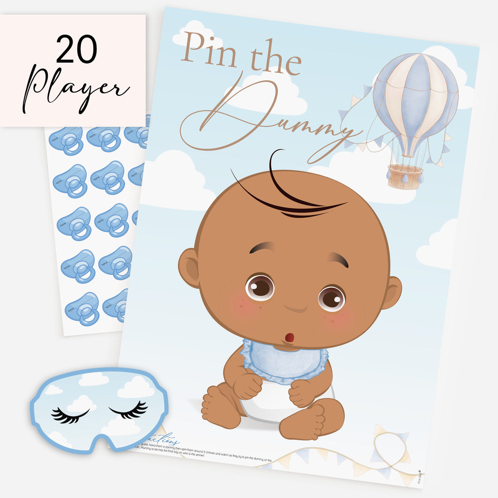 Pin the Dummy on the Baby Game – Blue Hot Air Balloon Baby Shower (Ethnic)