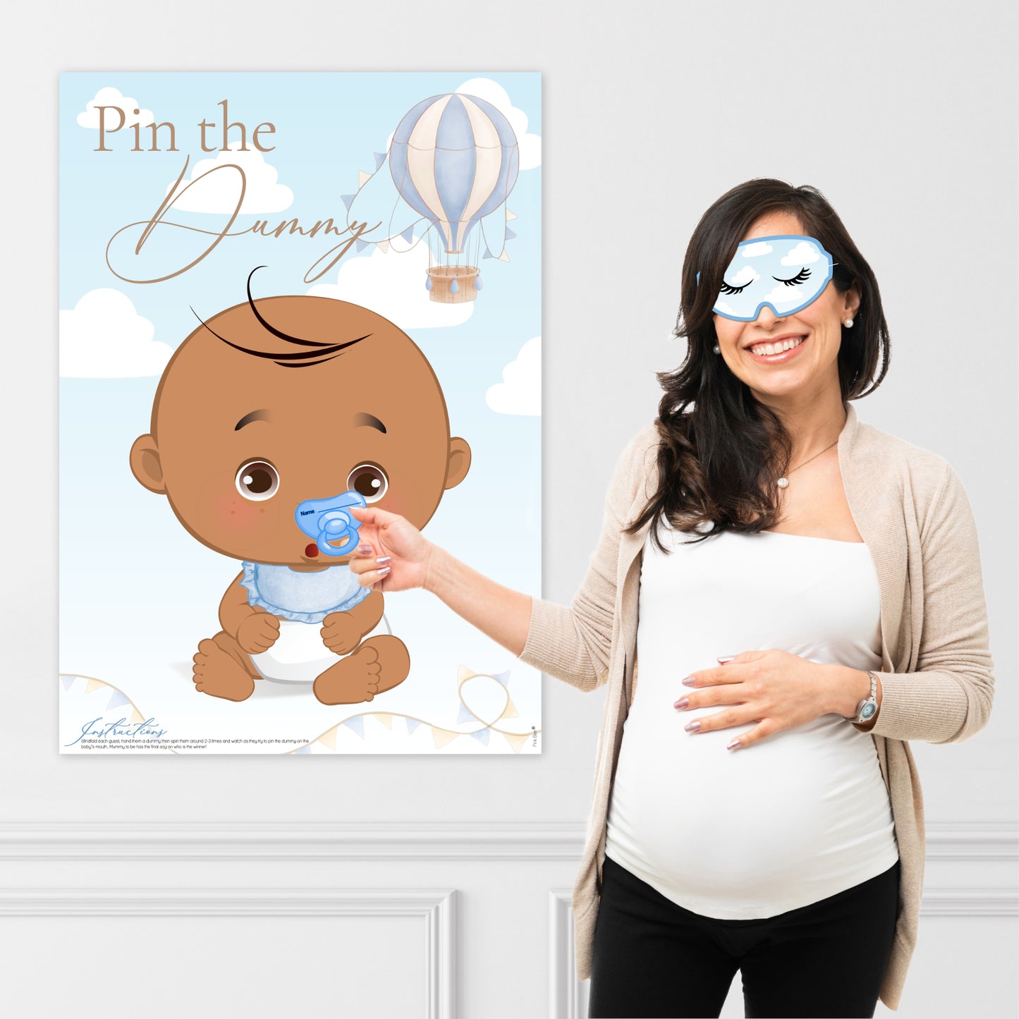 Pin the Dummy on the Baby Game – Blue Hot Air Balloon Baby Shower (Ethnic)