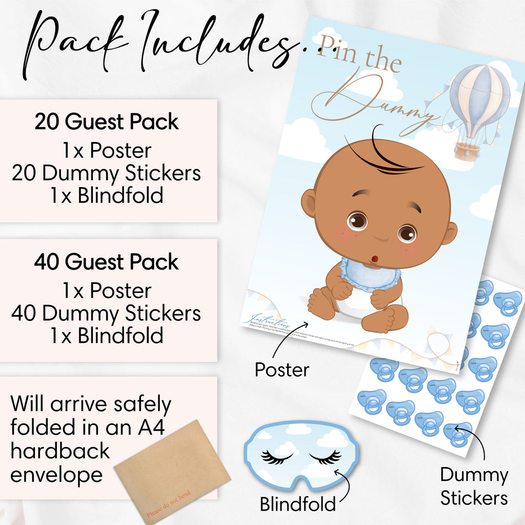 Pin the Dummy on the Baby Game – Blue Hot Air Balloon Baby Shower (Ethnic)