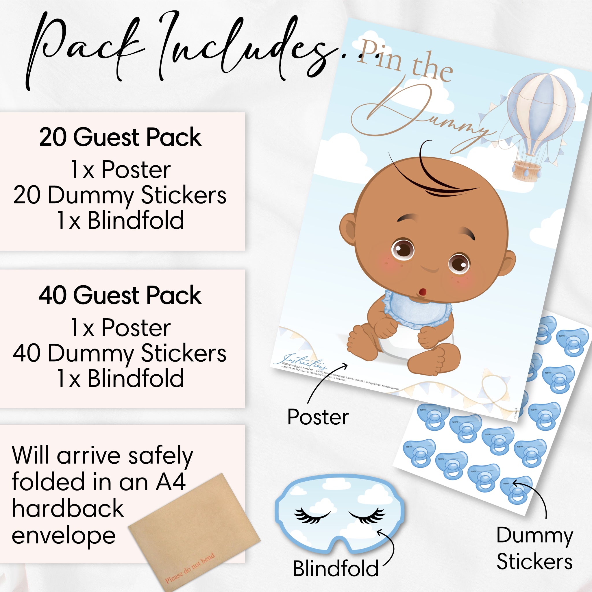 Pin the Dummy on the Baby Game – Blue Hot Air Balloon Baby Shower (Ethnic)