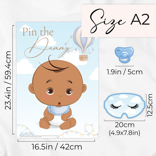 Pin the Dummy on the Baby Game – Blue Hot Air Balloon Baby Shower (Ethnic)