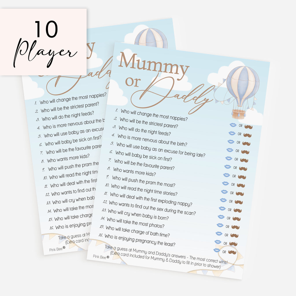 Mummy or Daddy Baby Shower Game – Blue Hot Air Balloon Theme Up and Away