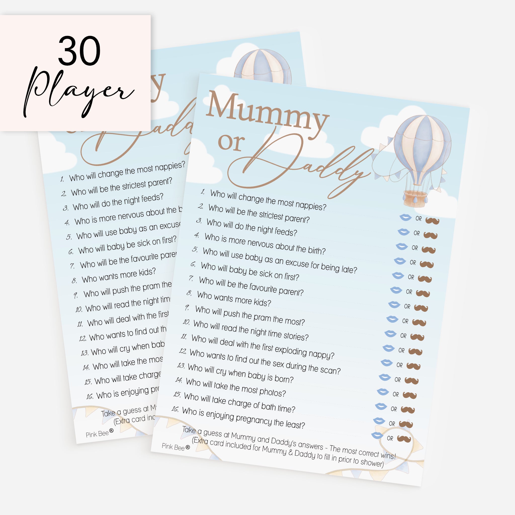 Mummy or Daddy Baby Shower Game – Blue Hot Air Balloon Theme Up and Away