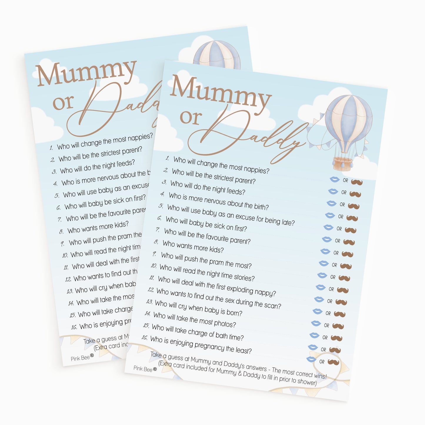 Mummy or Daddy Baby Shower Game – Blue Hot Air Balloon Theme Up and Away