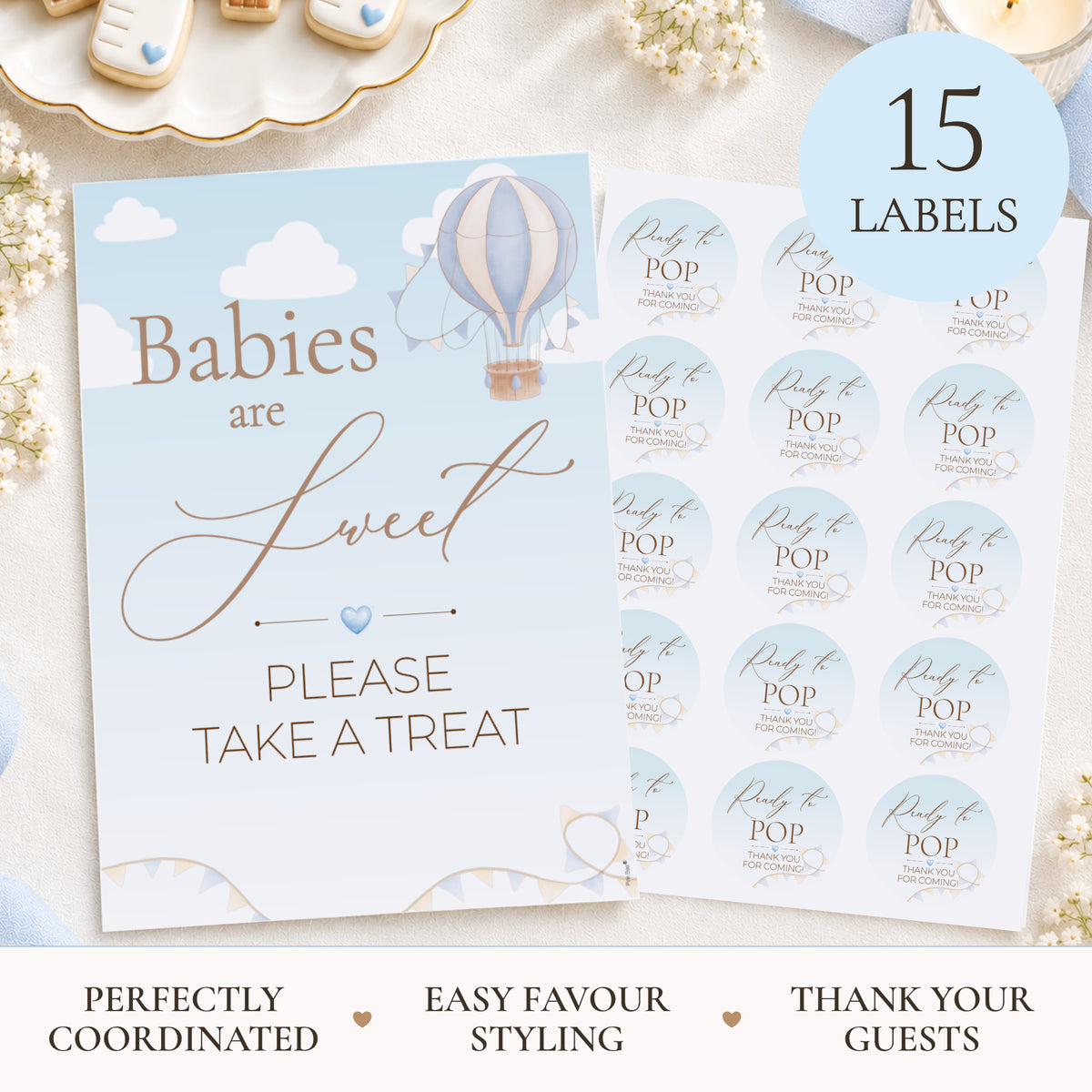 Up & Away Baby Shower Blue Favour Sign & Ready to Pop Stickers