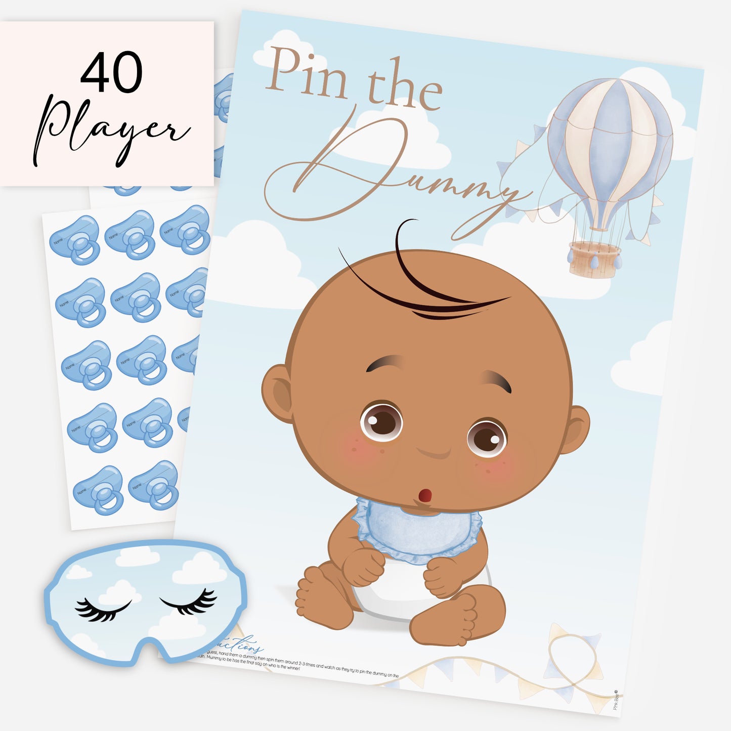 Pin the Dummy on the Baby Game – Blue Hot Air Balloon Baby Shower (Ethnic)