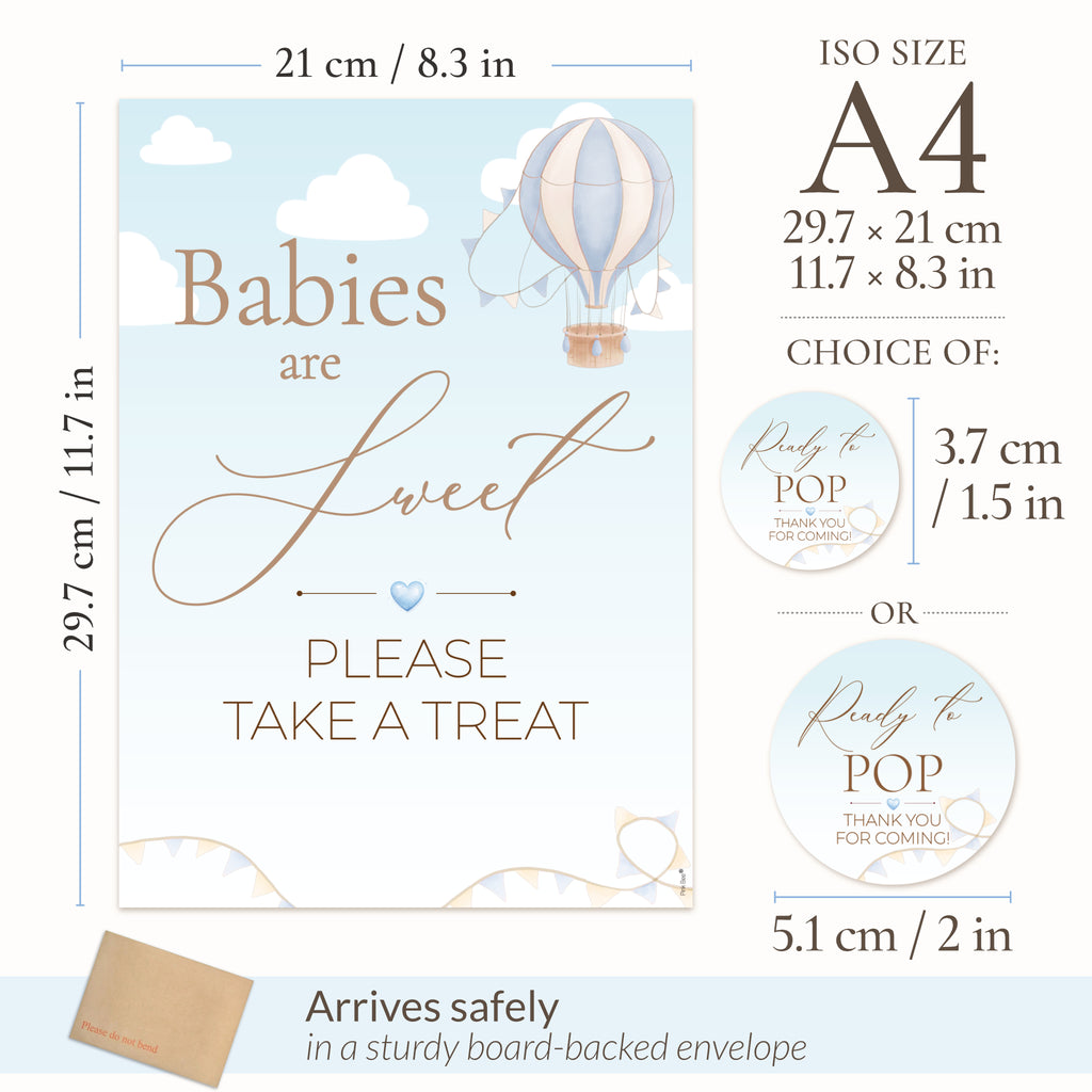 Up & Away Baby Shower Blue Favour Sign & Ready to Pop Stickers