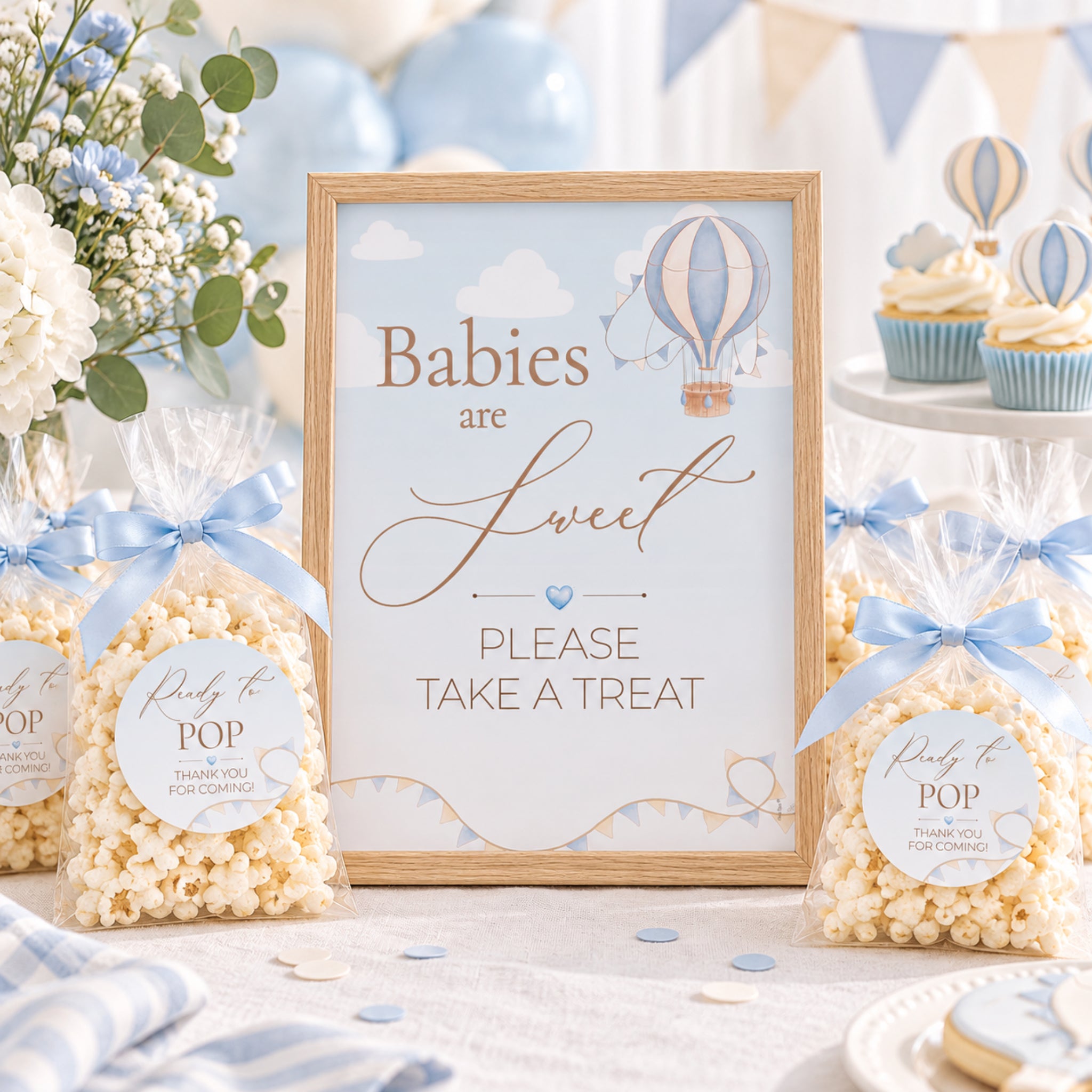 Up & Away Baby Shower Blue Favour Sign & Ready to Pop Stickers