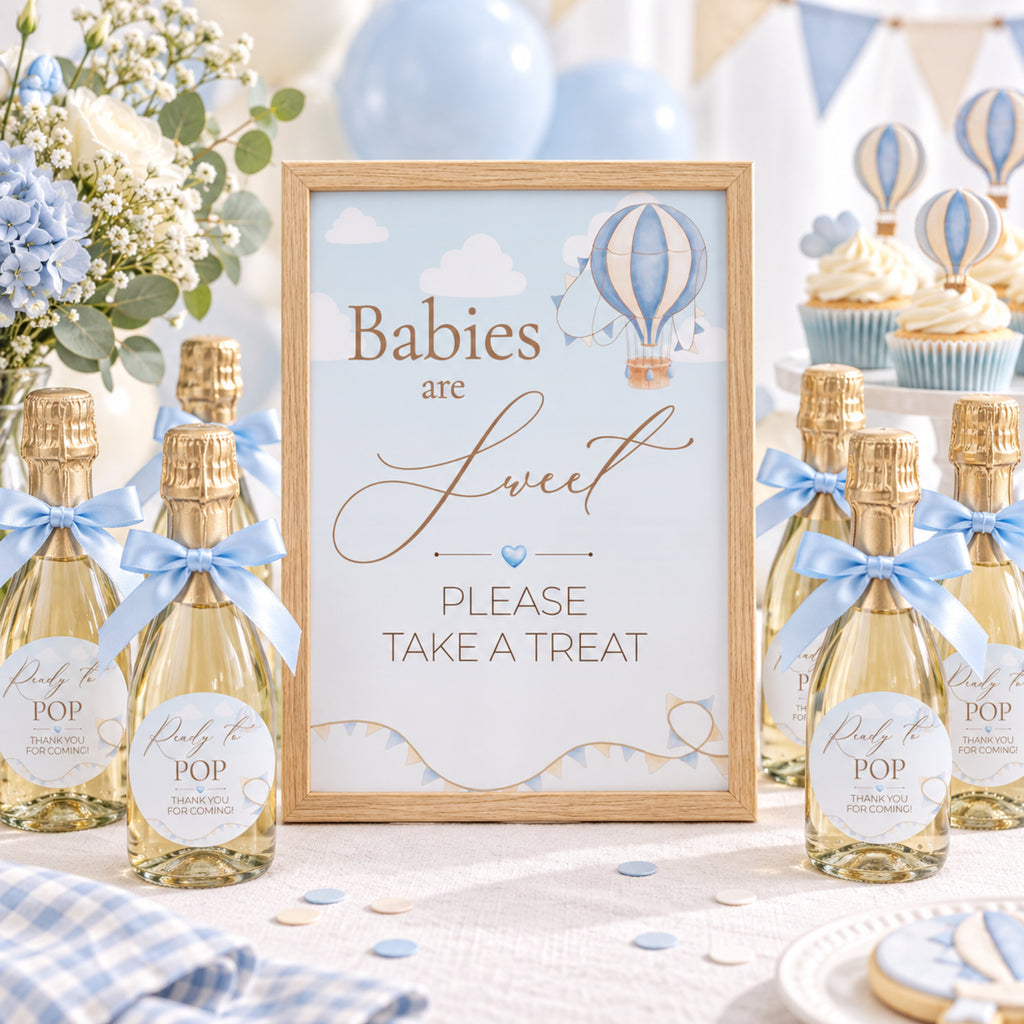 Up & Away Baby Shower Blue Favour Sign & Ready to Pop Stickers