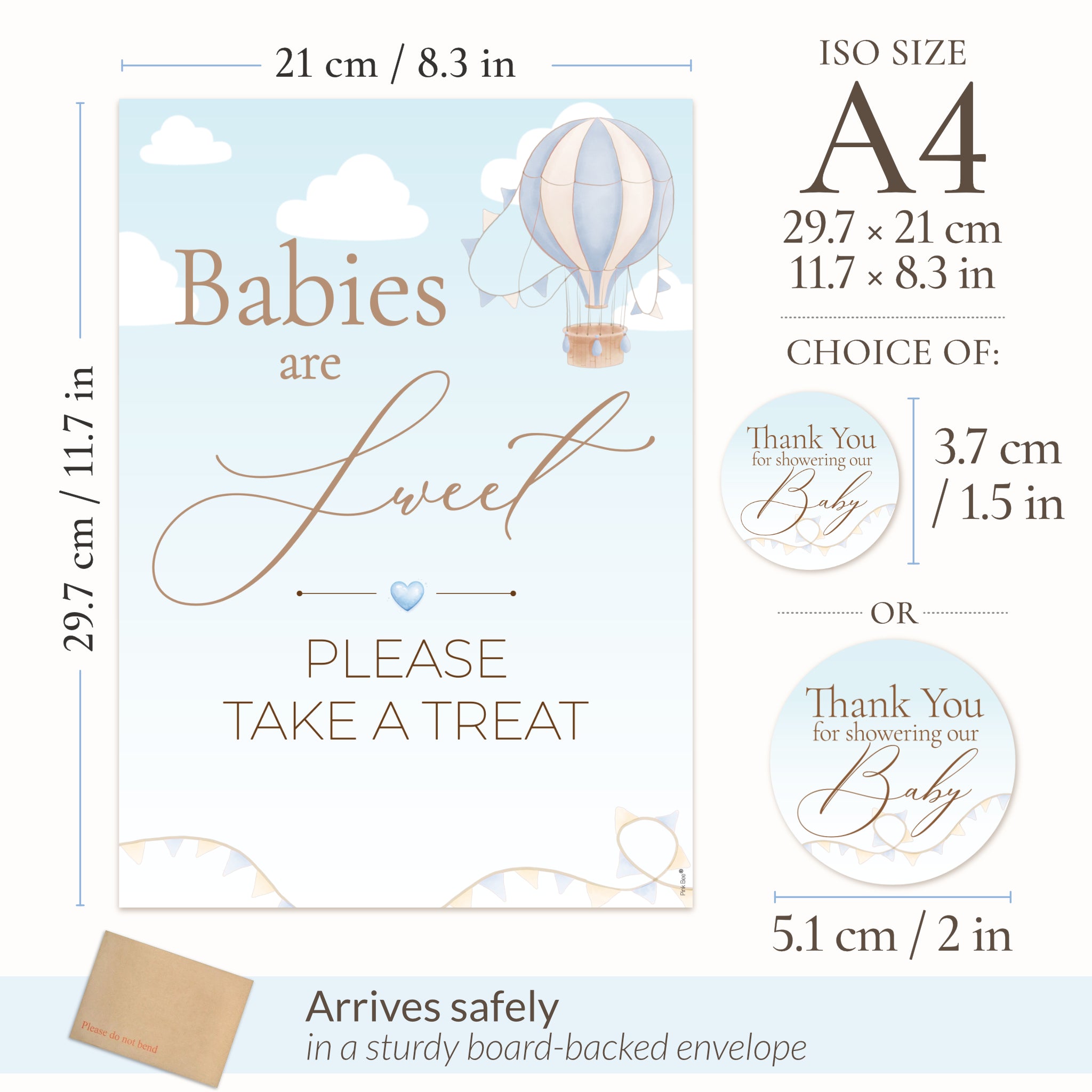 Up & Away Blue Baby Shower Favour Sign & Thank-You Stickers