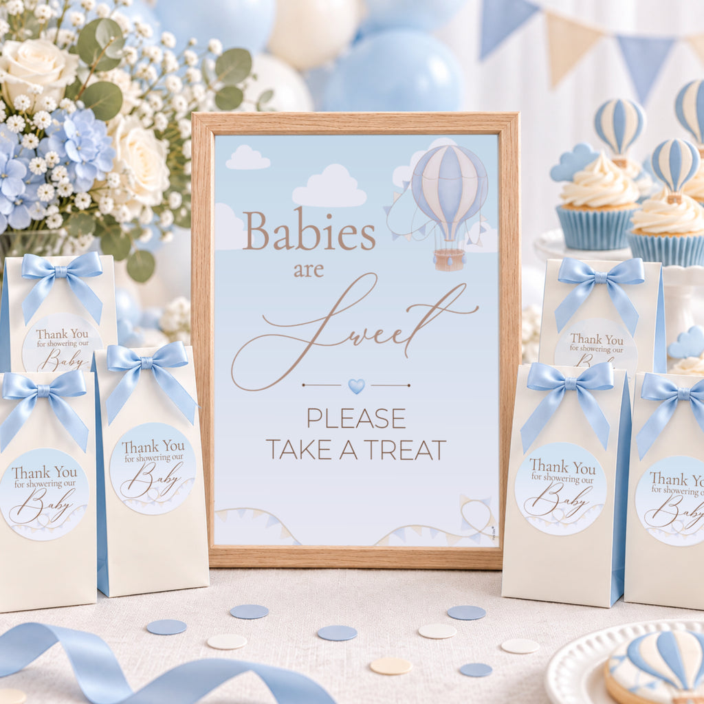Up & Away Blue Baby Shower Favour Sign & Thank-You Stickers