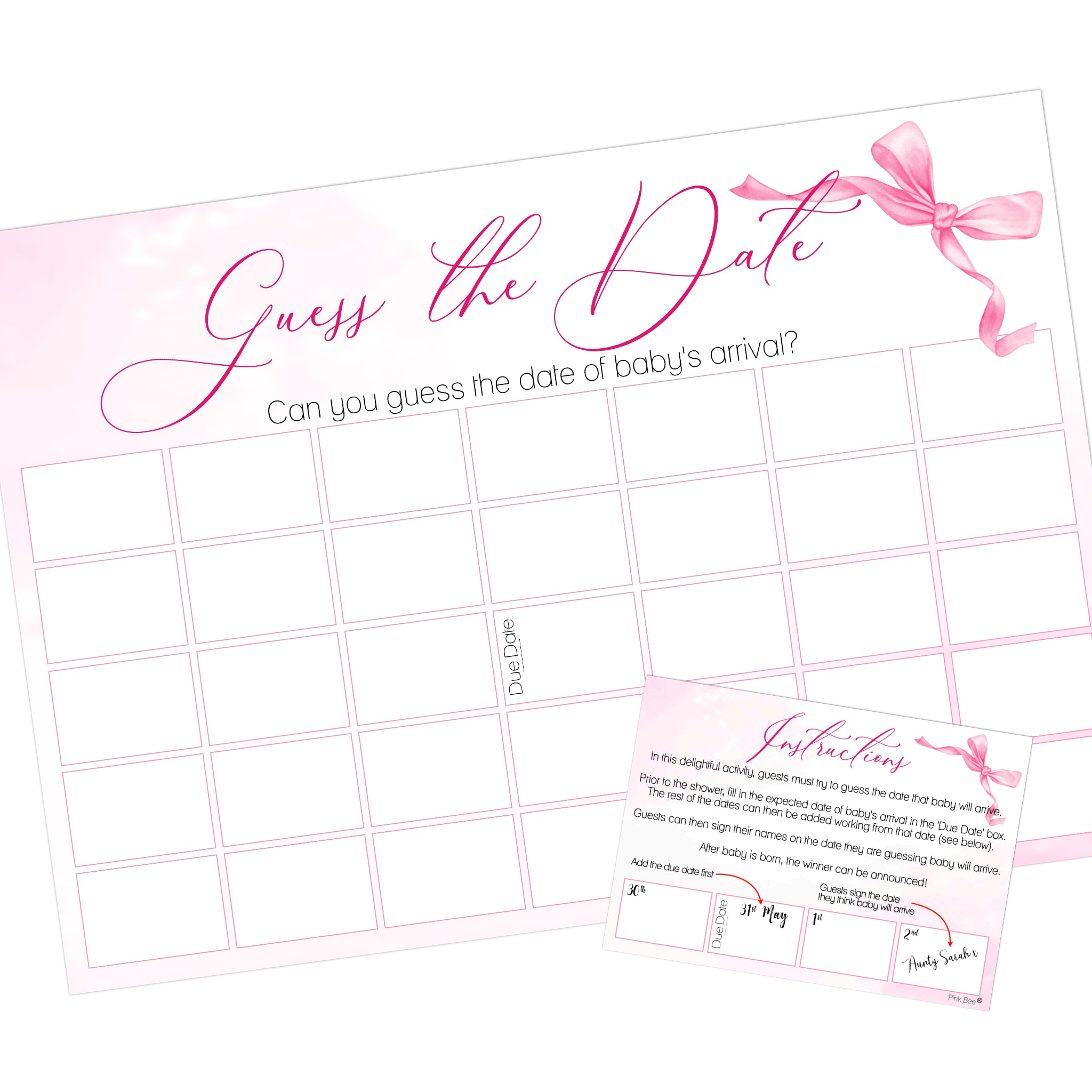 Ribbon Bow Baby Guess the Date Baby Shower Activity in Pink