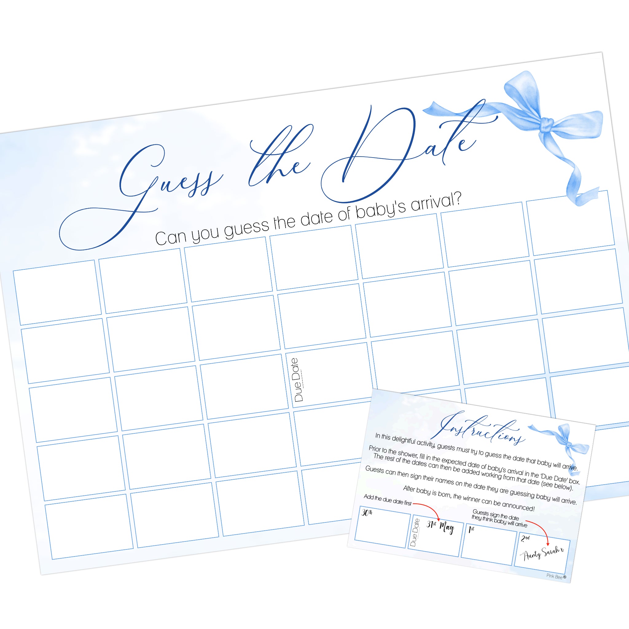 Ribbon Bow Baby Guess the Date Baby Shower Activity in Blue