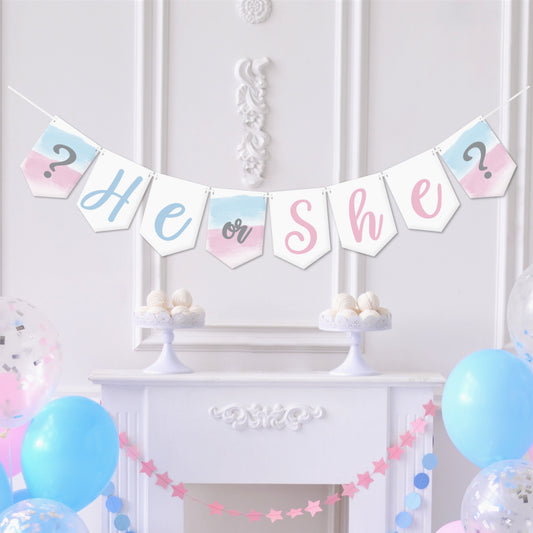 Gender Reveal Banner Decoration, Pink, Blue and White Watercolour Theme