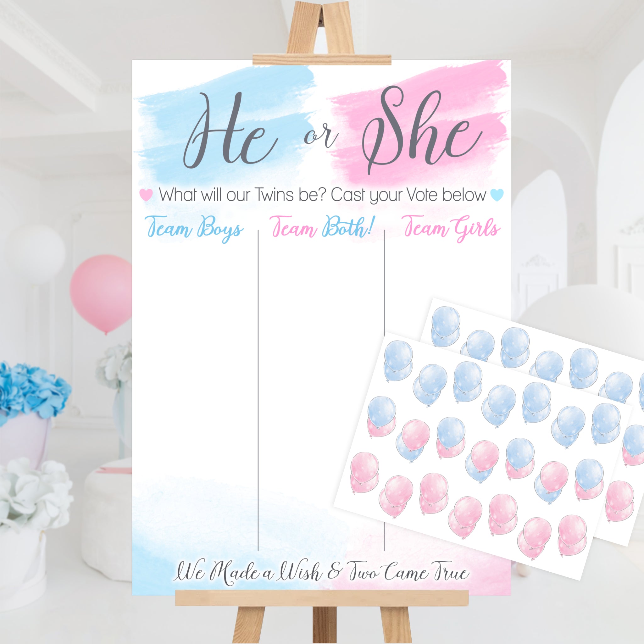 Twins Gender Reveal Voting Sign Watercolour Themed Guessing Game
