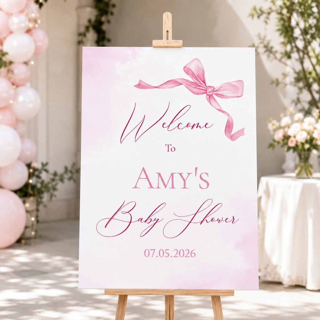 A personalized baby shower welcome sign on a wooden easel, featuring a pink watercolor background, a pink ribbon graphic, and the text 'Welcome to Amy's Baby Shower' with the date '07.05.