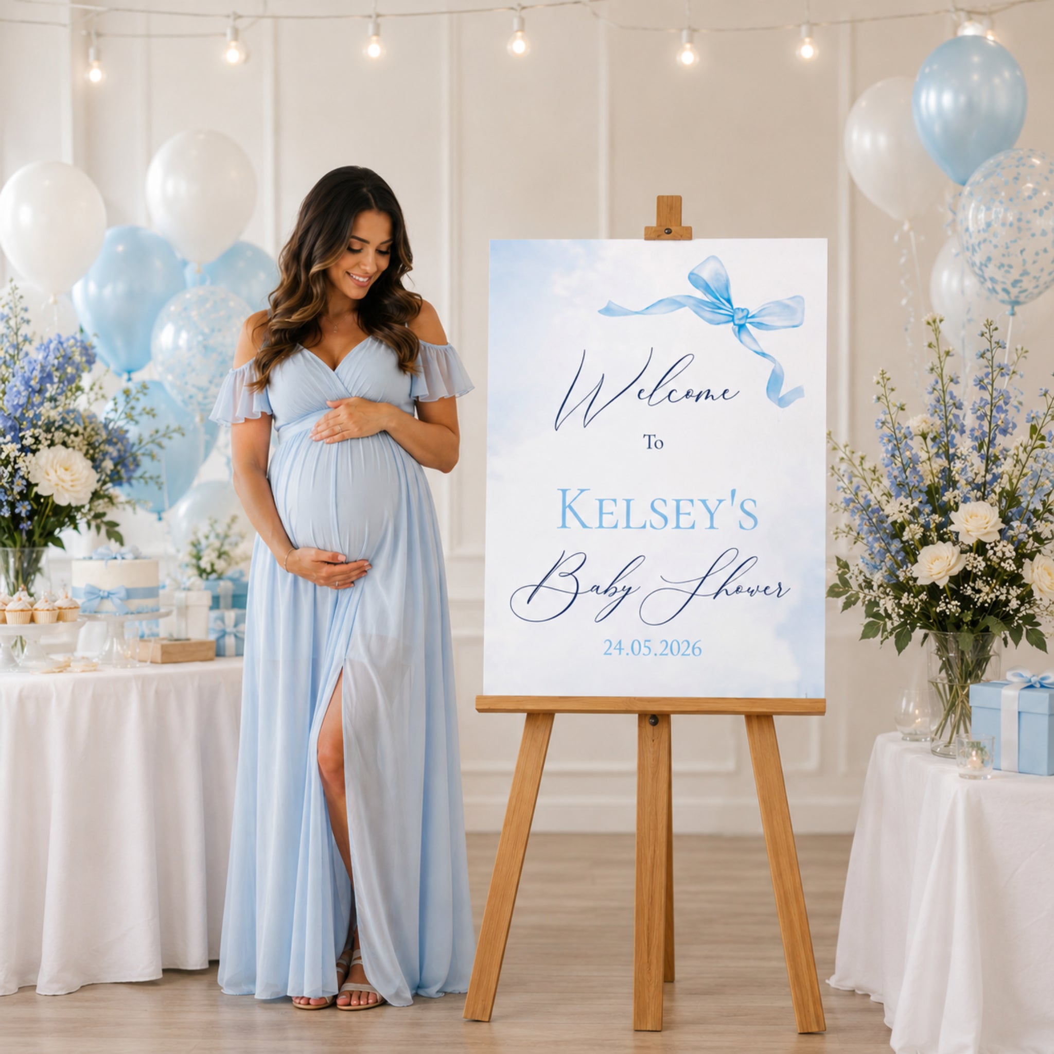 Pregnant mum standing beside personalised Little Bow Blue baby shower welcome sign displayed on easel with coordinated blue baby shower decorations.