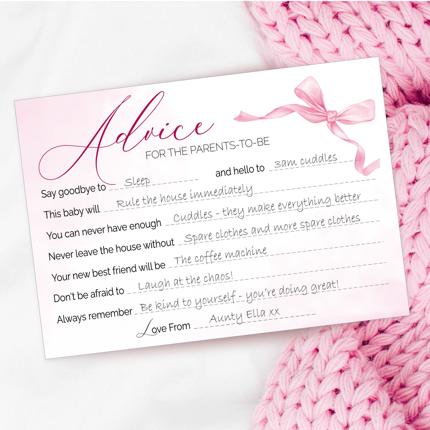 Pink Bow Baby Shower Advice Cards – Keepsake Cards for Parents-to-Be
