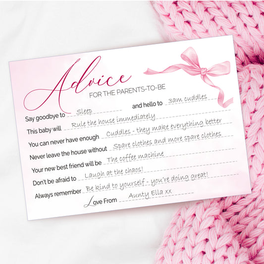 Pink Bow Baby Shower Advice Cards – Keepsake Cards for Parents-to-Be
