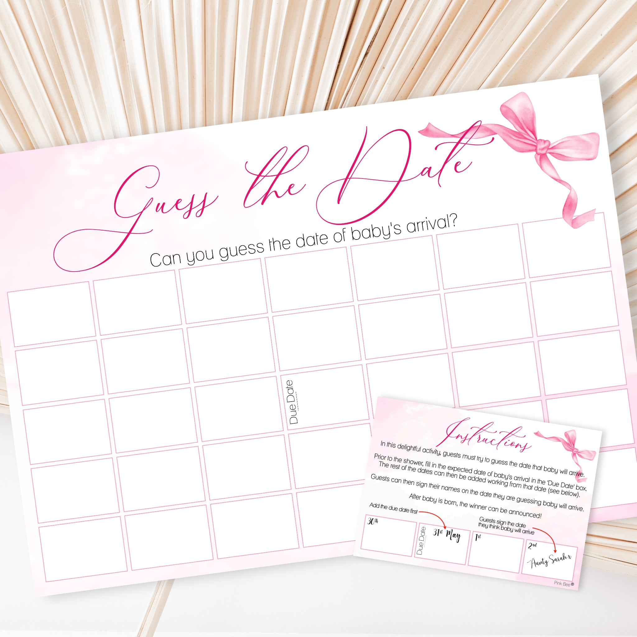 Ribbon Bow Baby Guess the Date Baby Shower Activity in Pink