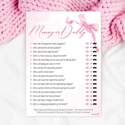 Baby Shower Game Mummy or Daddy in Pretty Pink Bow Theme