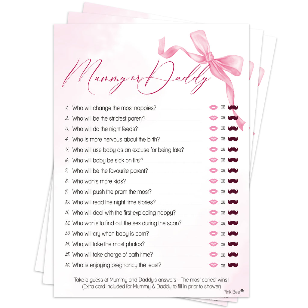 Baby Shower Game Mummy or Daddy in Pretty Pink Bow Theme