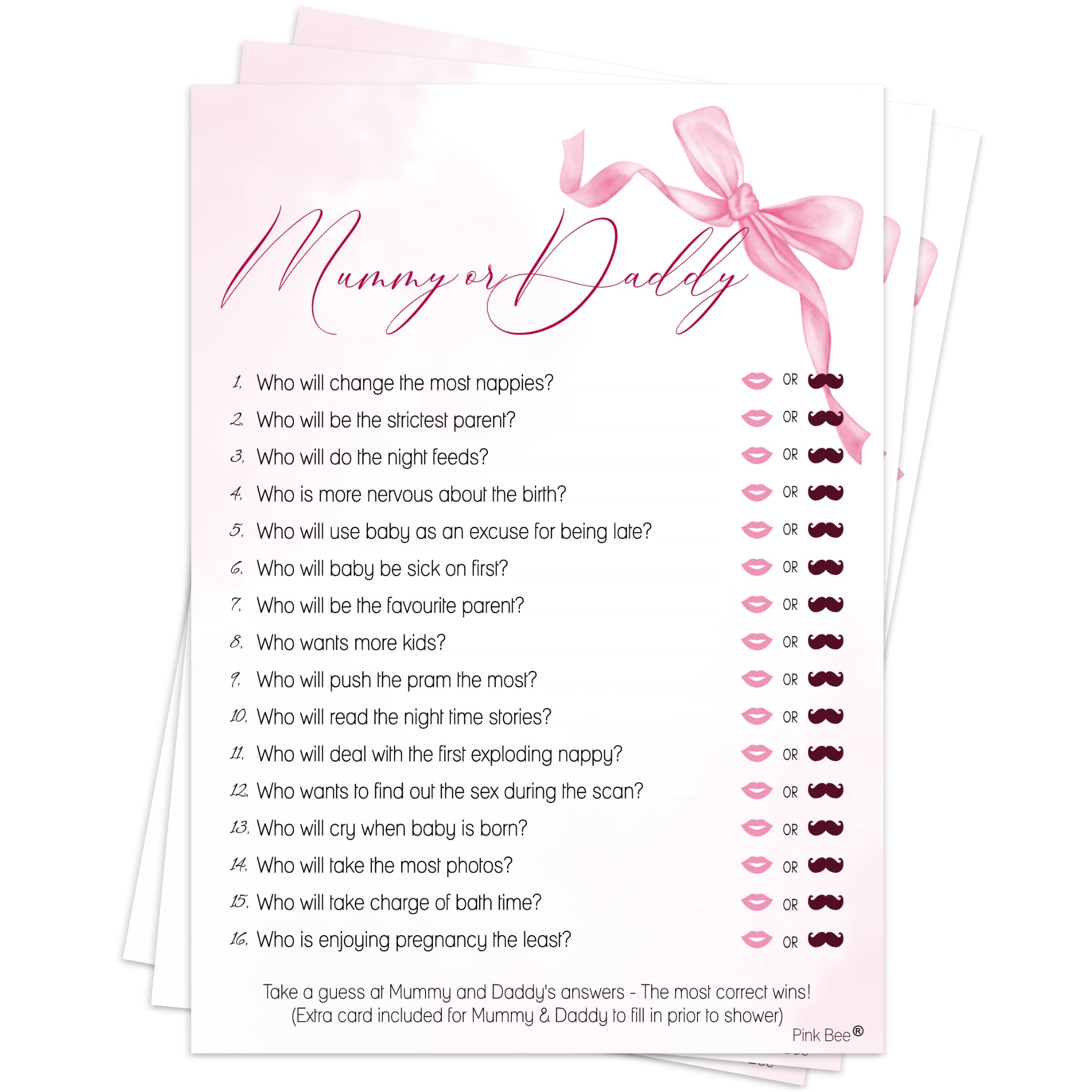 Baby Shower Game Mummy or Daddy in Pretty Pink Bow Theme