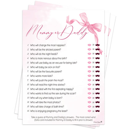 Baby Shower Game Mummy or Daddy in Pretty Pink Bow Theme