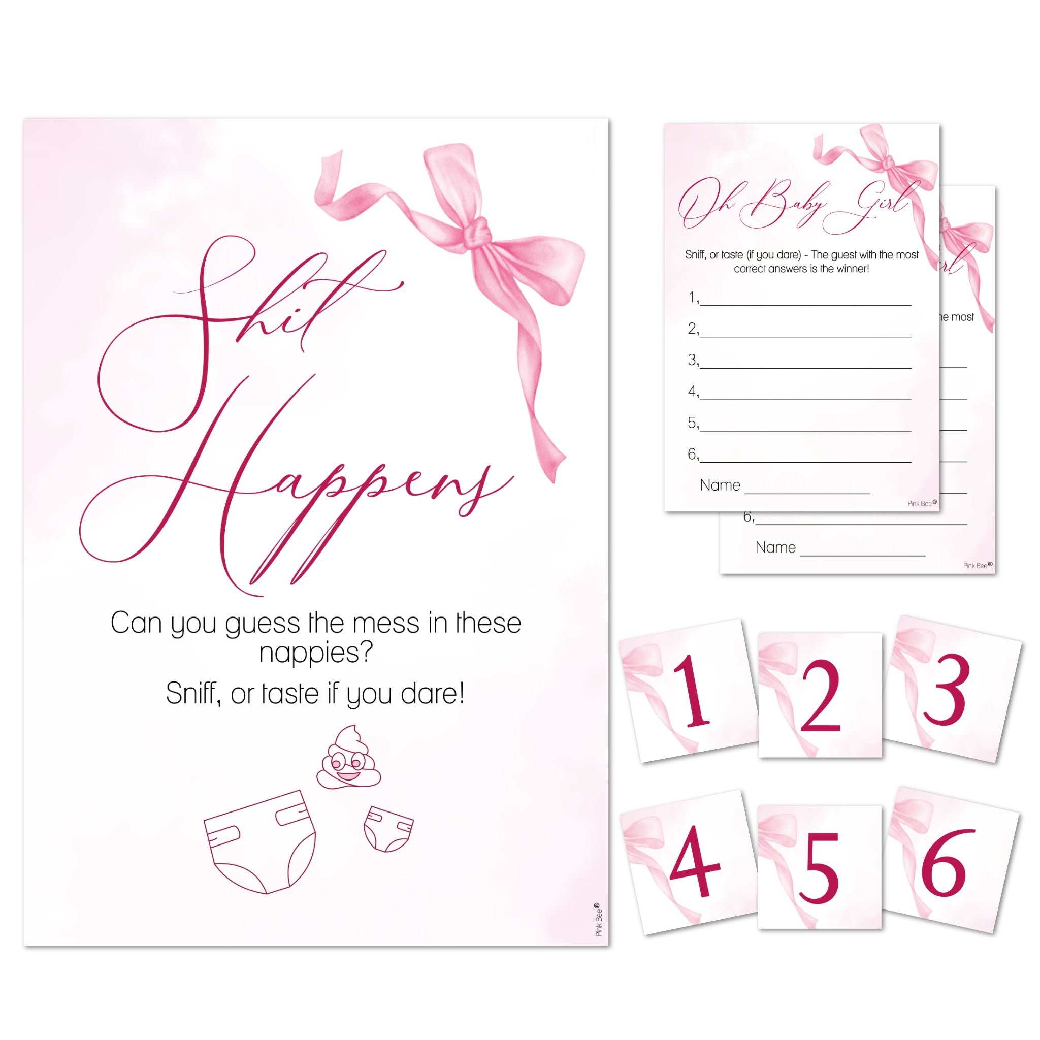 Baby Shower Game - Shit Happens! in Pretty Pink Bow Theme