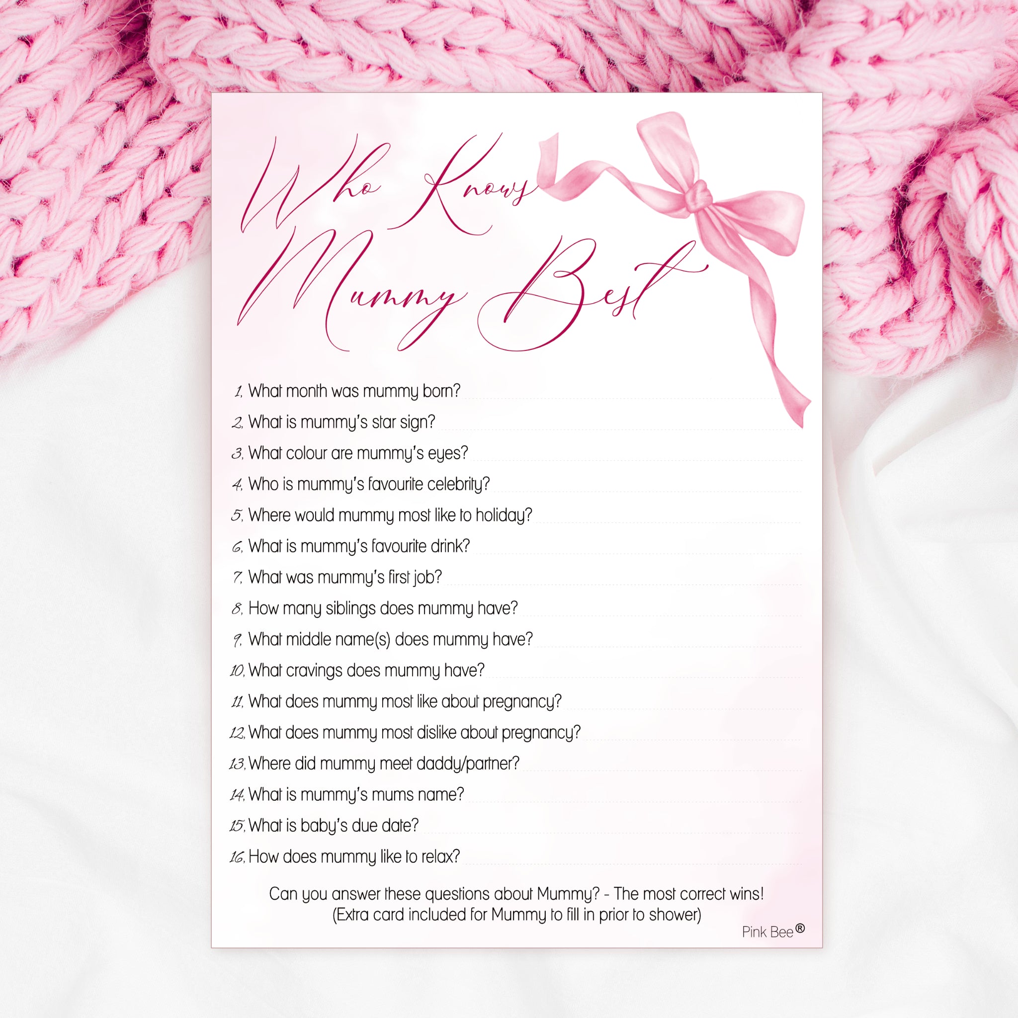 Baby Shower Game Who Knows Mummy Best in Pink Bow Theme