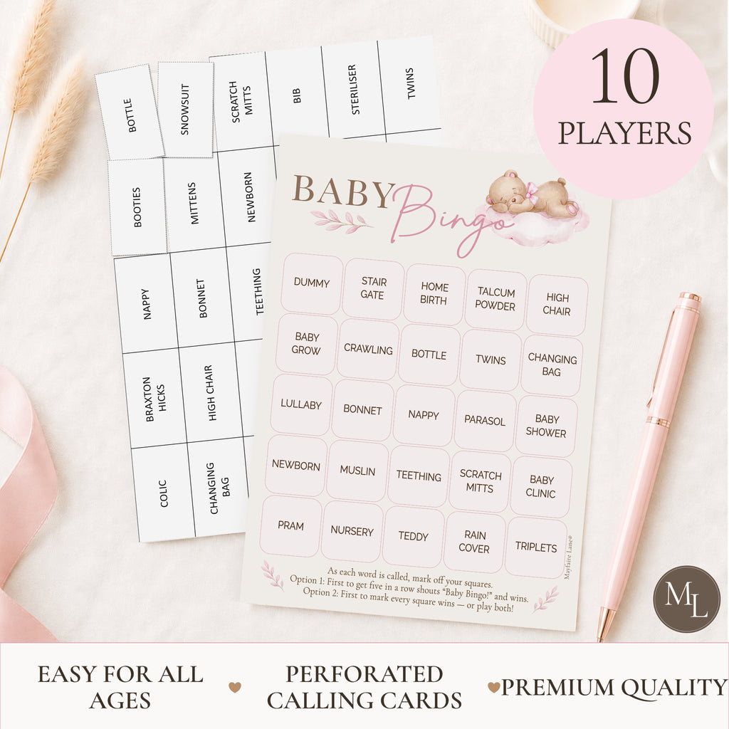 Pink Teddy Bear Baby Shower Bingo Game for Girls