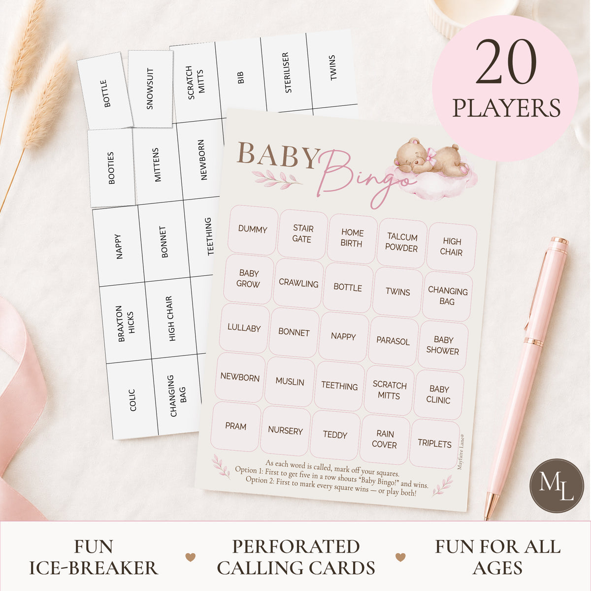 Pink Teddy Bear Baby Shower Bingo Game for Girls