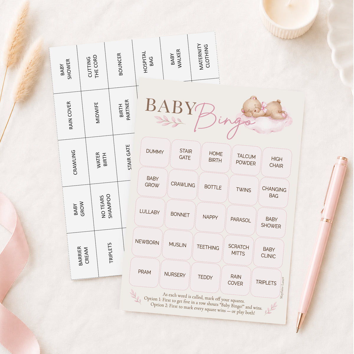 Pink Teddy Bear Baby Shower Bingo Game for Girls