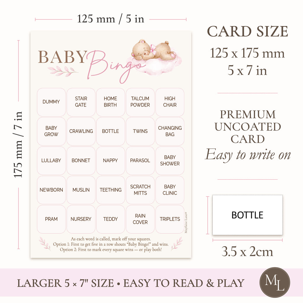 Pink Teddy Bear Baby Shower Bingo Game for Girls