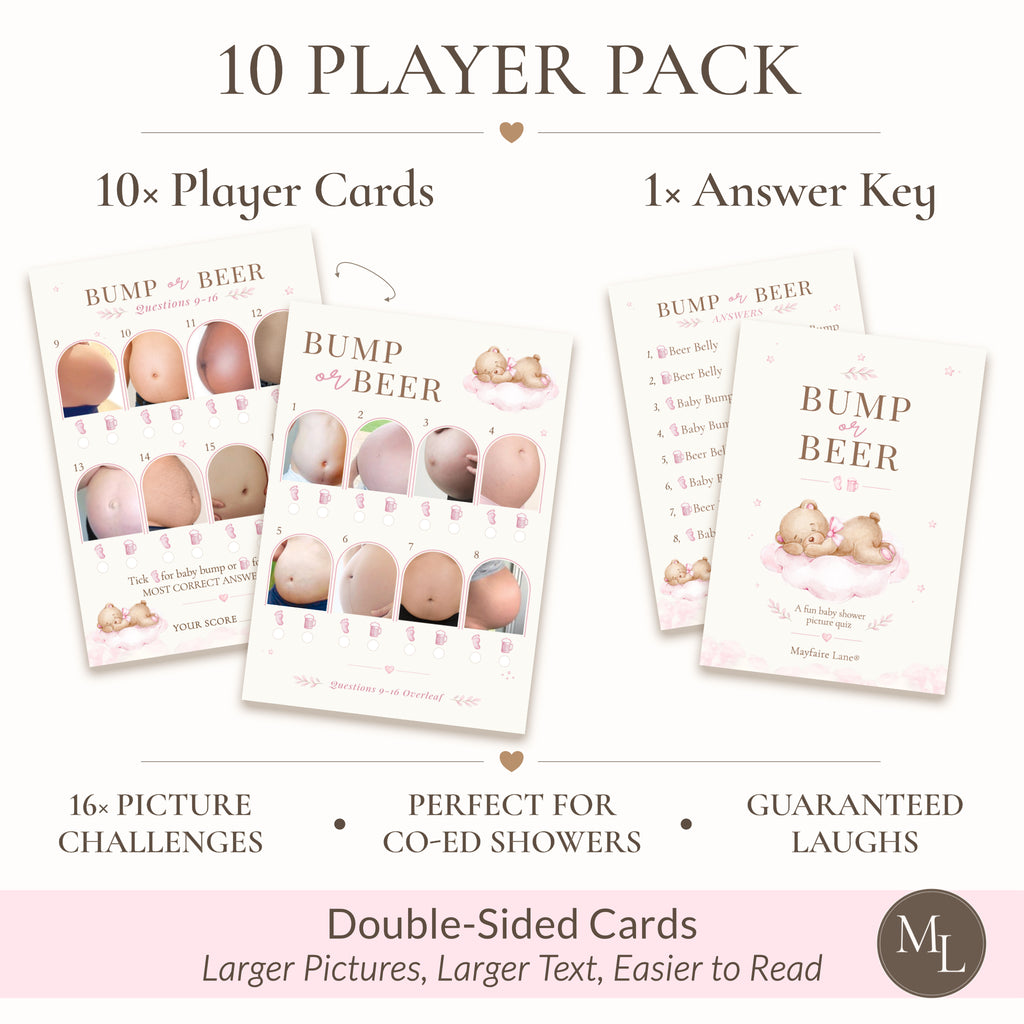 Promotional graphic for a Pink Teddy Bear Baby Shower Bump or Beer picture quiz game for 10 players with 10 double-sided A6 cards, answer key and larger easy-to-read photos., showing several sample cards with baby belly photos, text callouts, and a small author signature/logo.