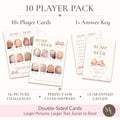 Promotional graphic for a Pink Teddy Bear Baby Shower Bump or Beer picture quiz game for 10 players with 10 double-sided A6 cards, answer key and larger easy-to-read photos., showing several sample cards with baby belly photos, text callouts, and a small author signature/logo.