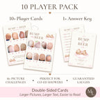 Promotional graphic for a Pink Teddy Bear Baby Shower Bump or Beer picture quiz game for 10 players with 10 double-sided A6 cards, answer key and larger easy-to-read photos., showing several sample cards with baby belly photos, text callouts, and a small author signature/logo.