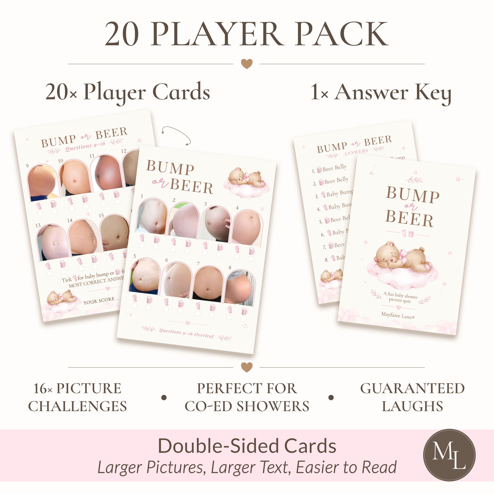 Promotional graphic for a Pink Teddy Bear Baby Shower Bump or Beer picture quiz game for 20 players with 20 double-sided A6 cards, answer key and larger easy-to-read photos., showing several sample cards with baby belly photos, text callouts, and a small author signature/logo.