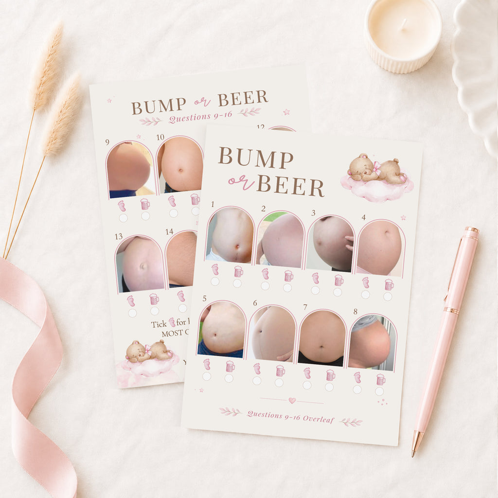Pink Teddy Bear Bump or Beer baby shower picture game on premium A6 double-sided cards with larger photos and writing, styled for a baby girl shower.
