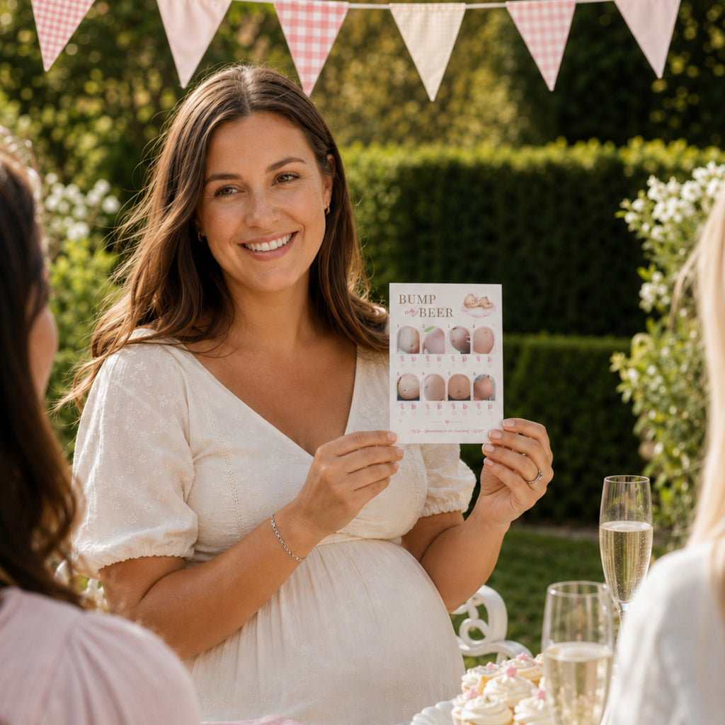 A smiling pregnant woman in a white dress holds up a small printed card showing pregnancy bump names, photographed outdoors at a garden party with bunting, tables, and champagne glasses.