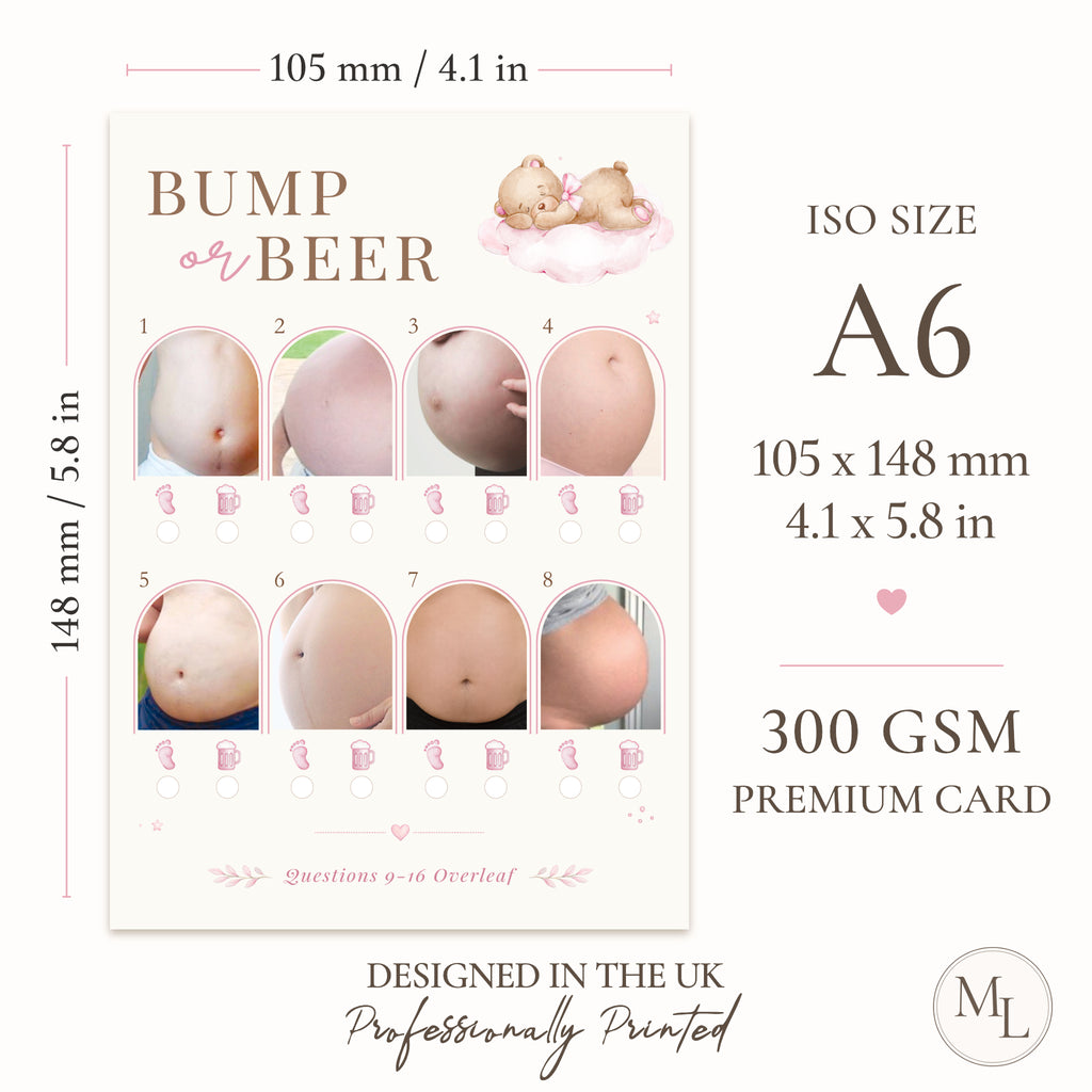 Pink Teddy Bear Bump or Beer baby shower game size guide showing ISO A6 105 × 148 mm premium 300 GSM double-sided card made in the UK., featuring placeholder photo slots and decorative baby-themed graphics on a cream background.