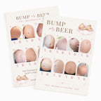 Two printed baby bump tracking cards titled 'BUMP or BEER' with photo slots showing baby bellies and small pink footprints, photographed on a clean white background.